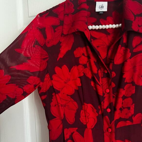 Cabi Long Sleeve Shirt Dress Floral mesh XS 4392 button down red burgundy - Picture 8 of 11